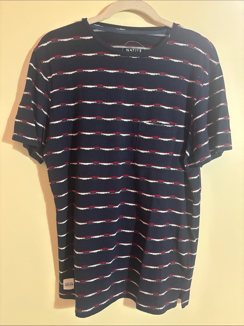 Native Youth Navy Tee Shirt with Red and White Stripe Print & Pocket - sz M